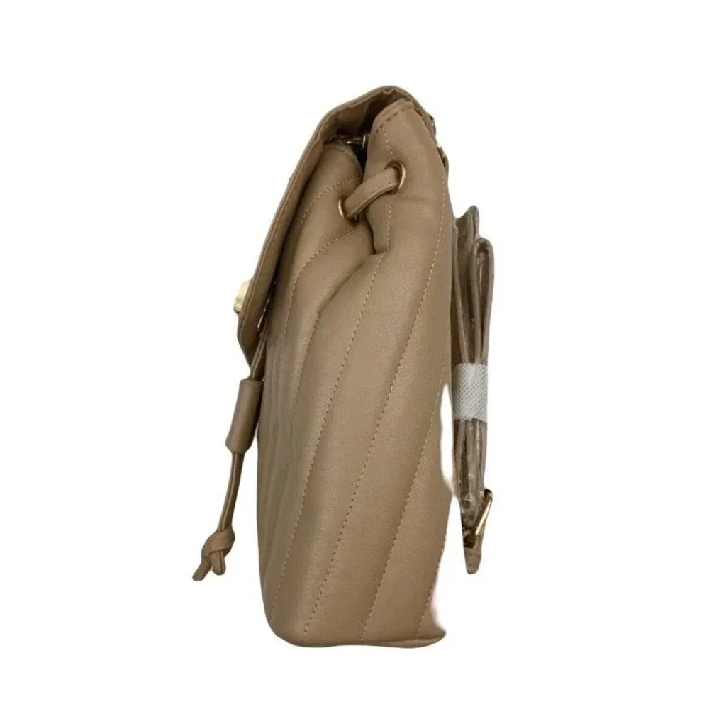 BEBE Quilted Faux Leather Drawstring Backpack Gold Chain Tan Beige Women New